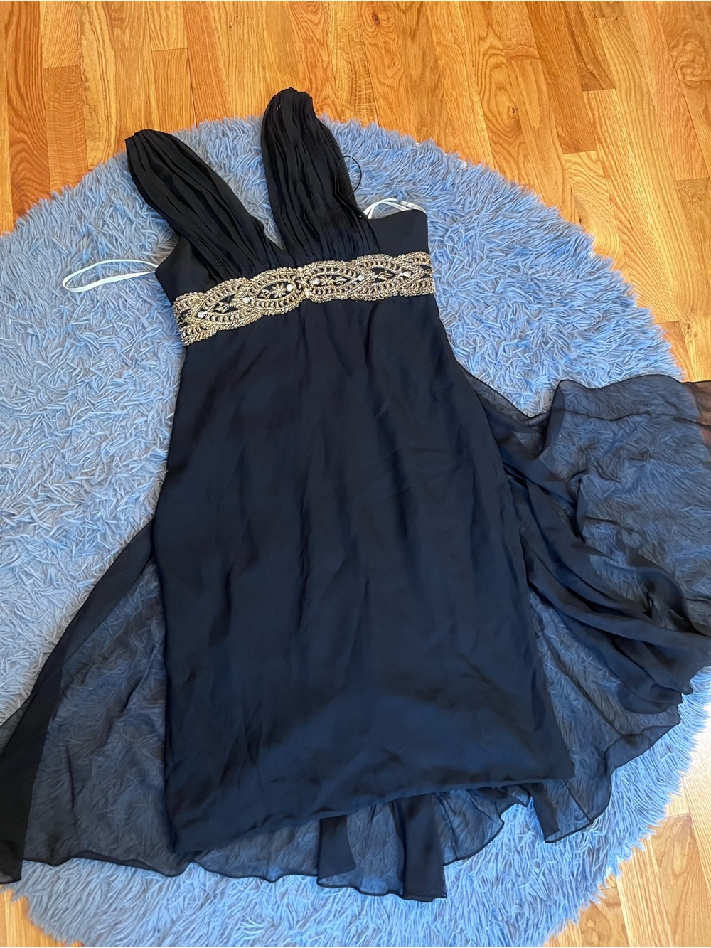 Marchesa Notte Black Chiffon Evening Silk Dress Gold Beaded Waist Size 10